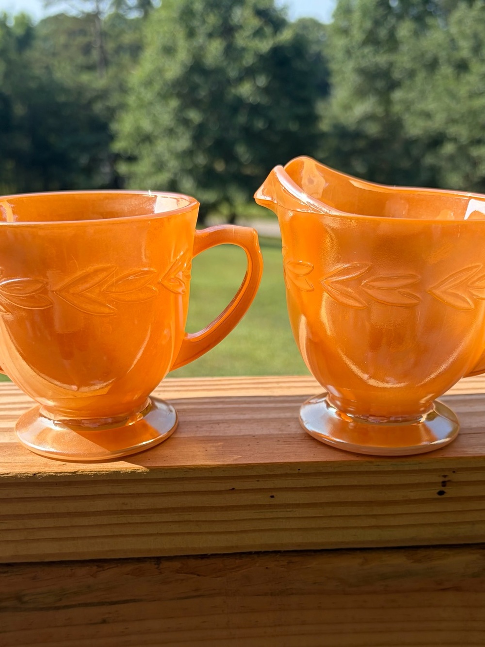 Anchor Hocking Fire-King Peach Lustre Creamer Sugar Bowl Set Orange Glass MCM